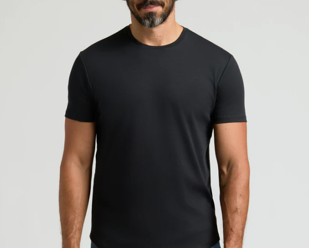 Man wearing a plain black t-shirt against a neutral background.