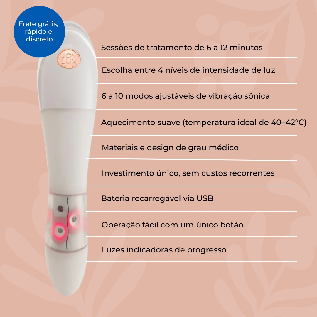 White device with text in Portuguese describing features and benefits on a peach background.