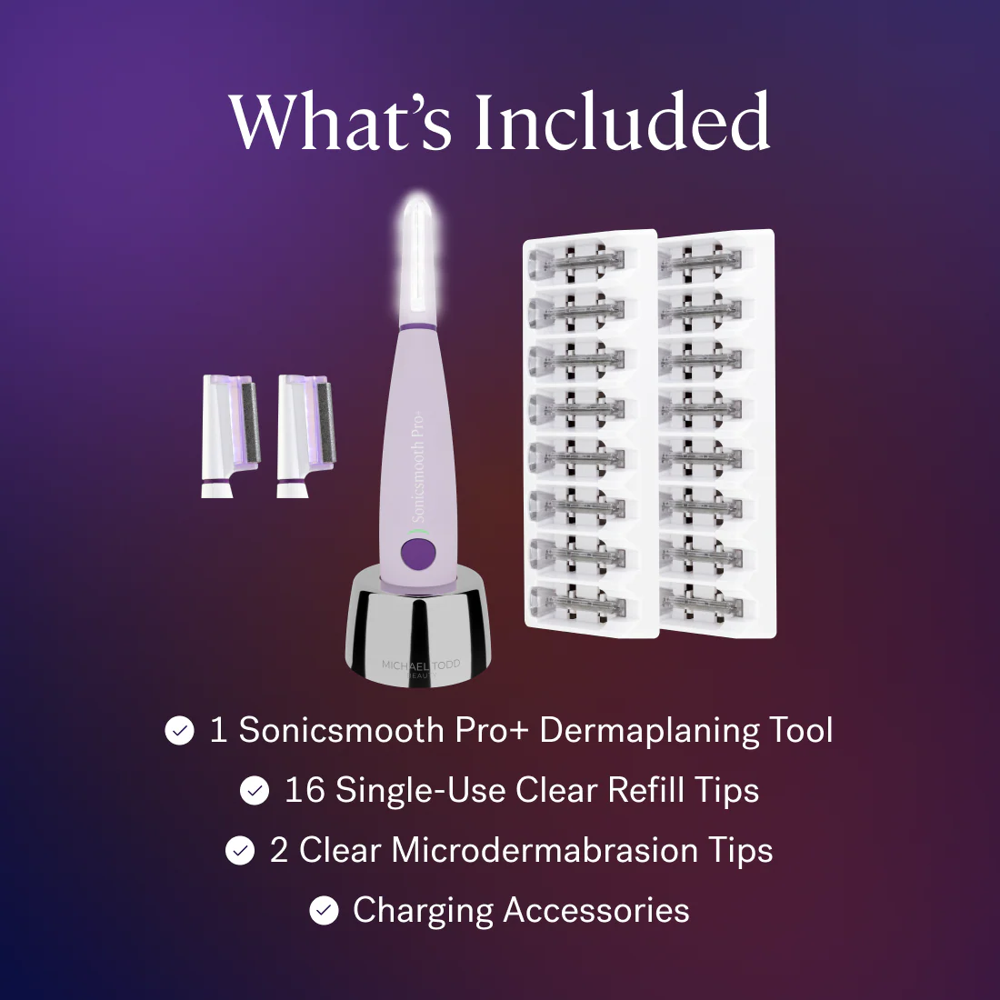 Dermaplaning tool set with refill tips and charging accessories on a purple background.