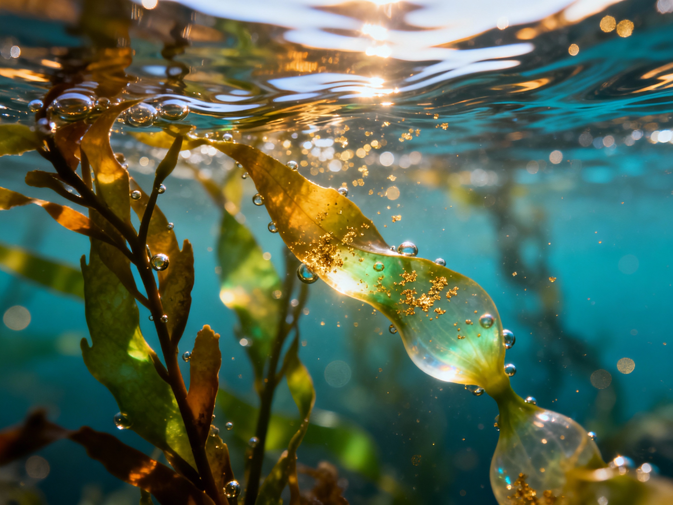 Underwater seaweed with sunlight filtering through and air bubbles