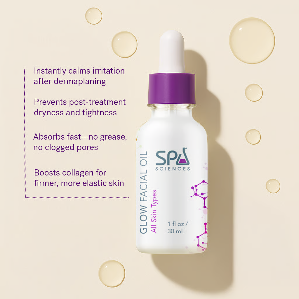 Bottle of facial oil with benefits listed beside it.