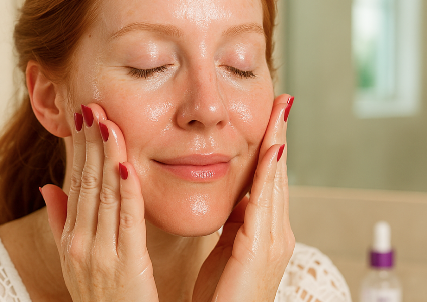 Person applying skincare product to face with closed eyes.