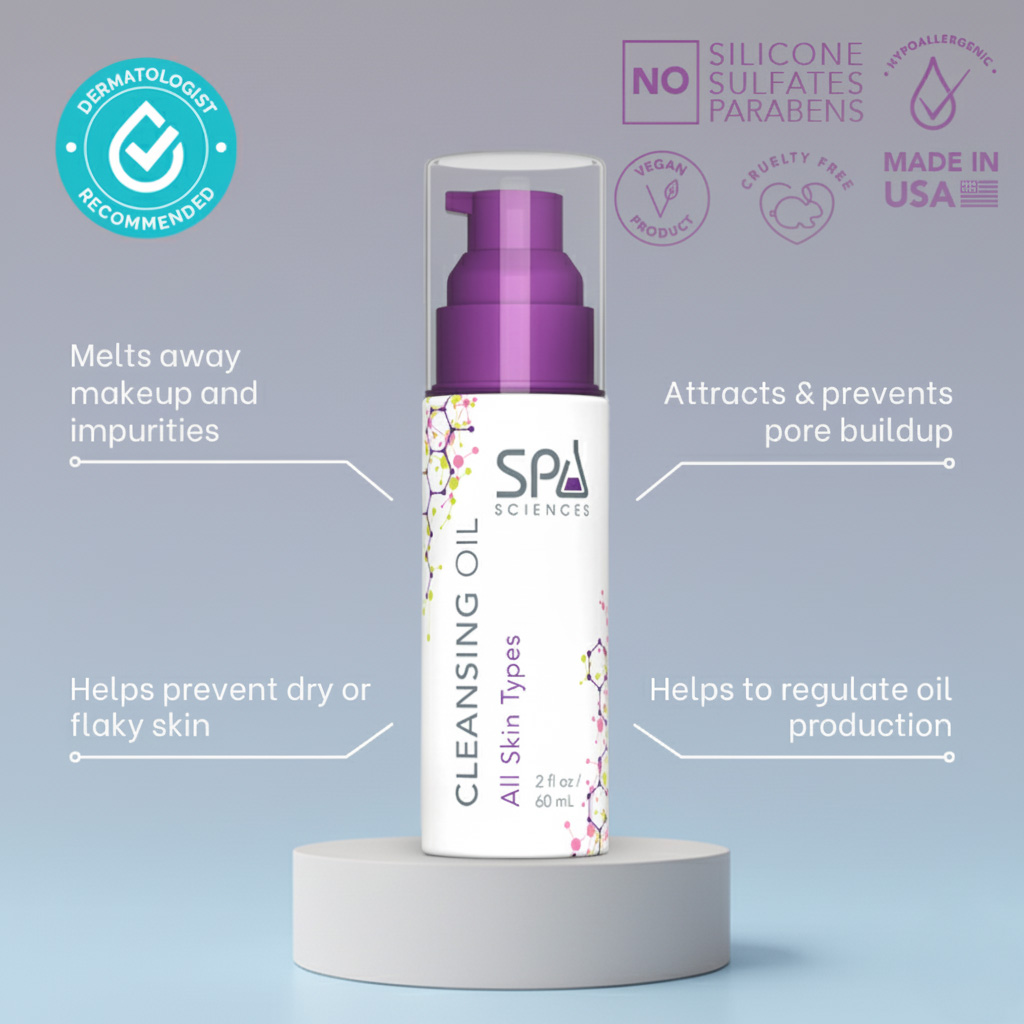 Spa Sciences Cleansing Oil bottle with benefit callouts (melts makeup, prevents pore buildup, regulates oil production