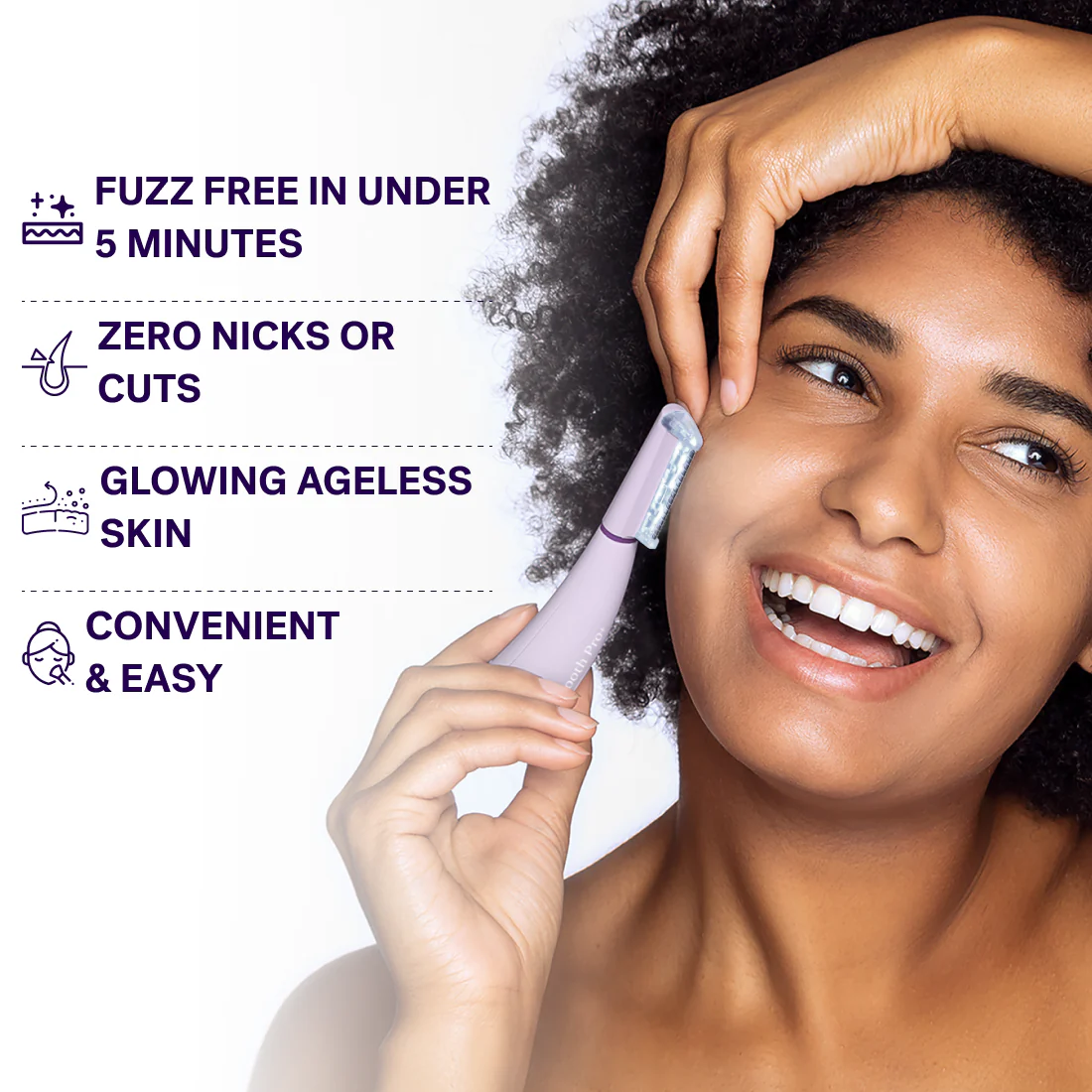 Smiling woman using a facial hair remover with benefits listed beside her.