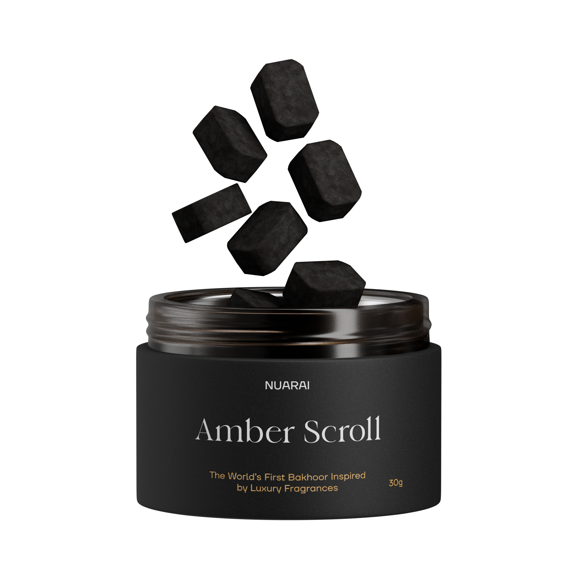 Black jar labeled 'Amber Scroll' with black cubes hovering above.