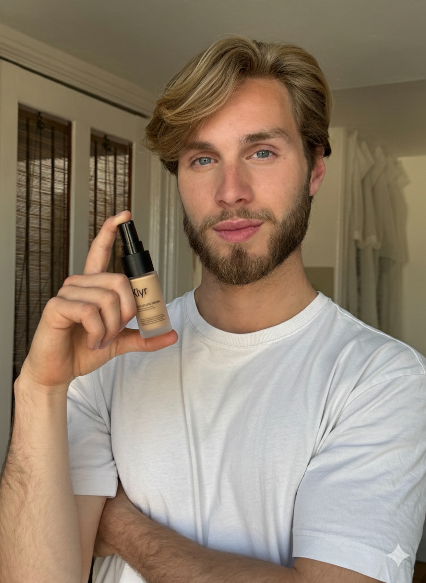 A young man with blonde hair and a beard, wearing a white t-shirt, holds up a bottle of foundation.