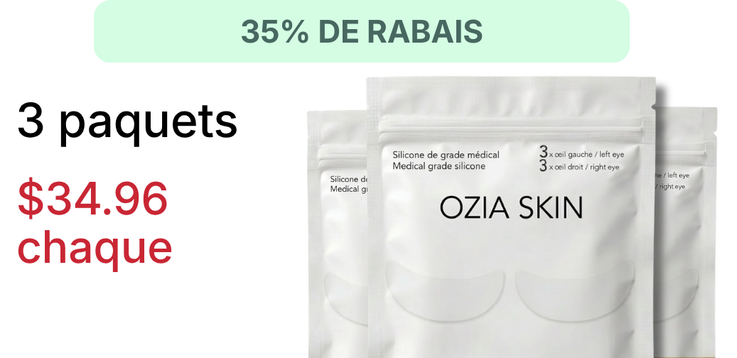 Three packets of Ozia Skin medical-grade silicone eye patches with a 35% discount banner in French.
