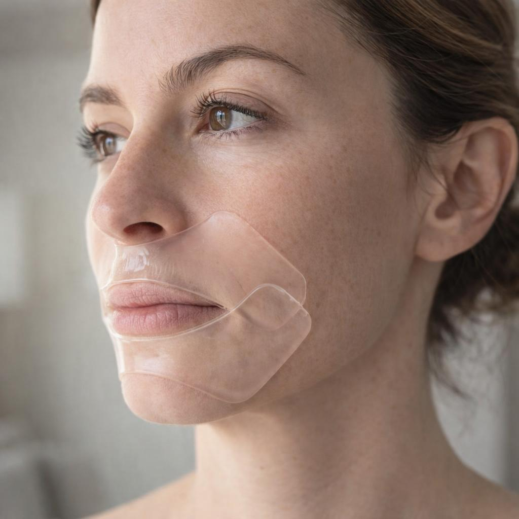A woman wearing clear hydrogel patches on the skin around her mouth and chin.