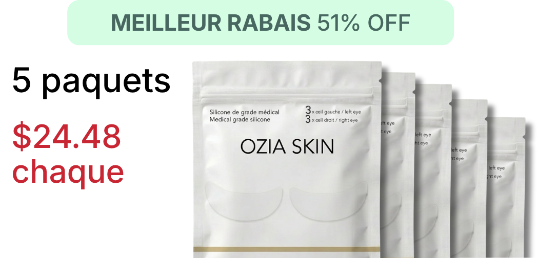 Five packets of Ozia Skin silicone eye patches with promotional text and pricing.