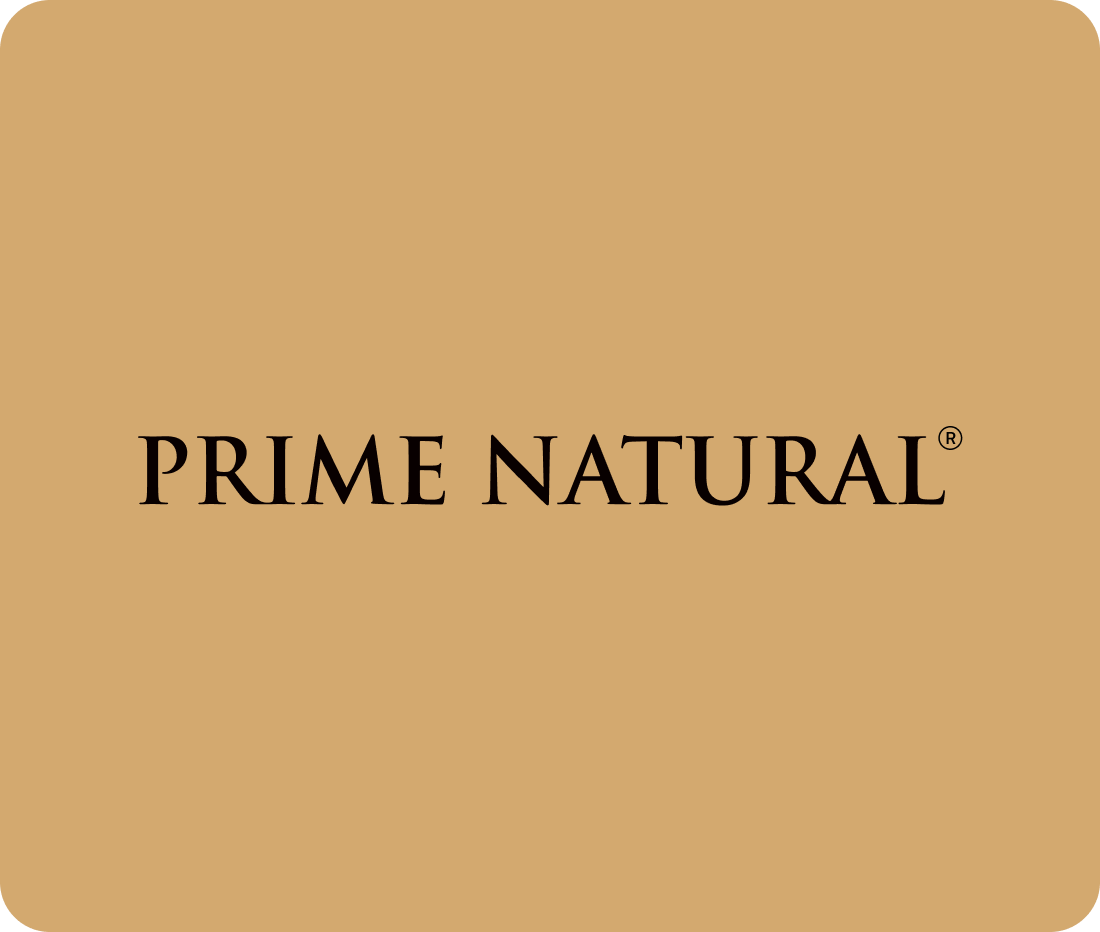 The Prime Natural logo, which is black serif text on a tan background.