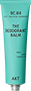 Turquoise deodorant balm tube with black text and a white cap.