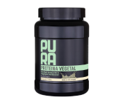 A black tub of Pura Proteína Vegetal, a vegetable protein supplement, against a white background.