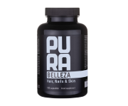 A black bottle of Pura Belleza supplements for hair, nails, and skin, against a white background.