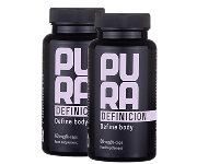 Two black bottles of PURA Definicion supplements standing side-by-side against a dark green background.