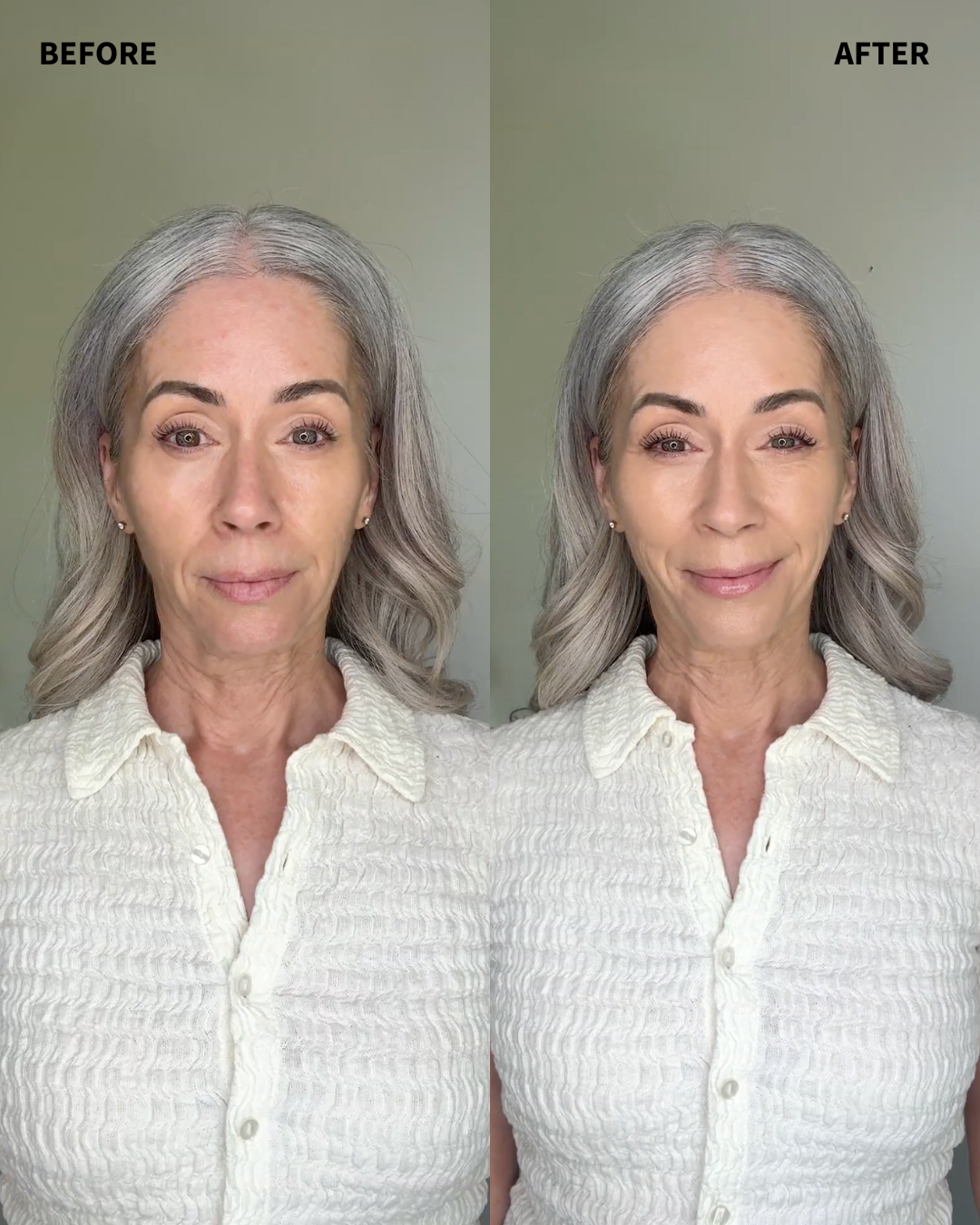 Side-by-side comparison of a woman before and after makeup application.