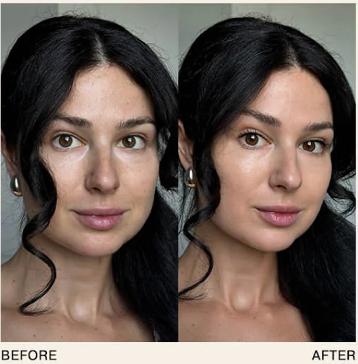 Side-by-side comparison of a woman's face before and after makeup.