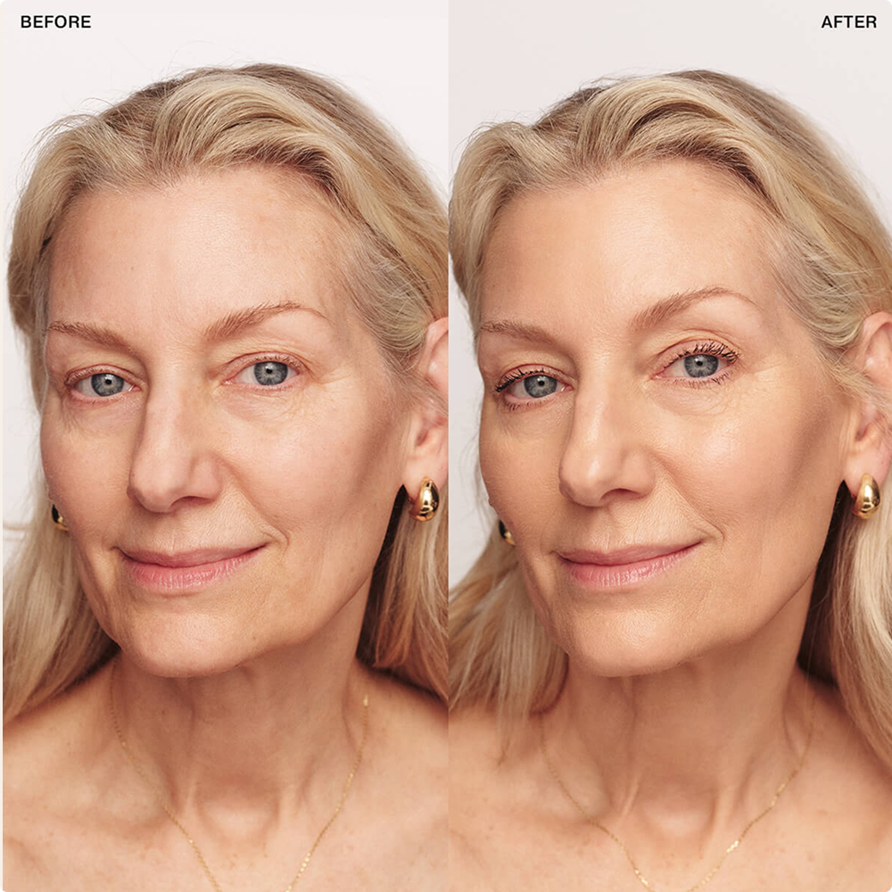Side-by-side comparison of a woman's face before and after makeup application.