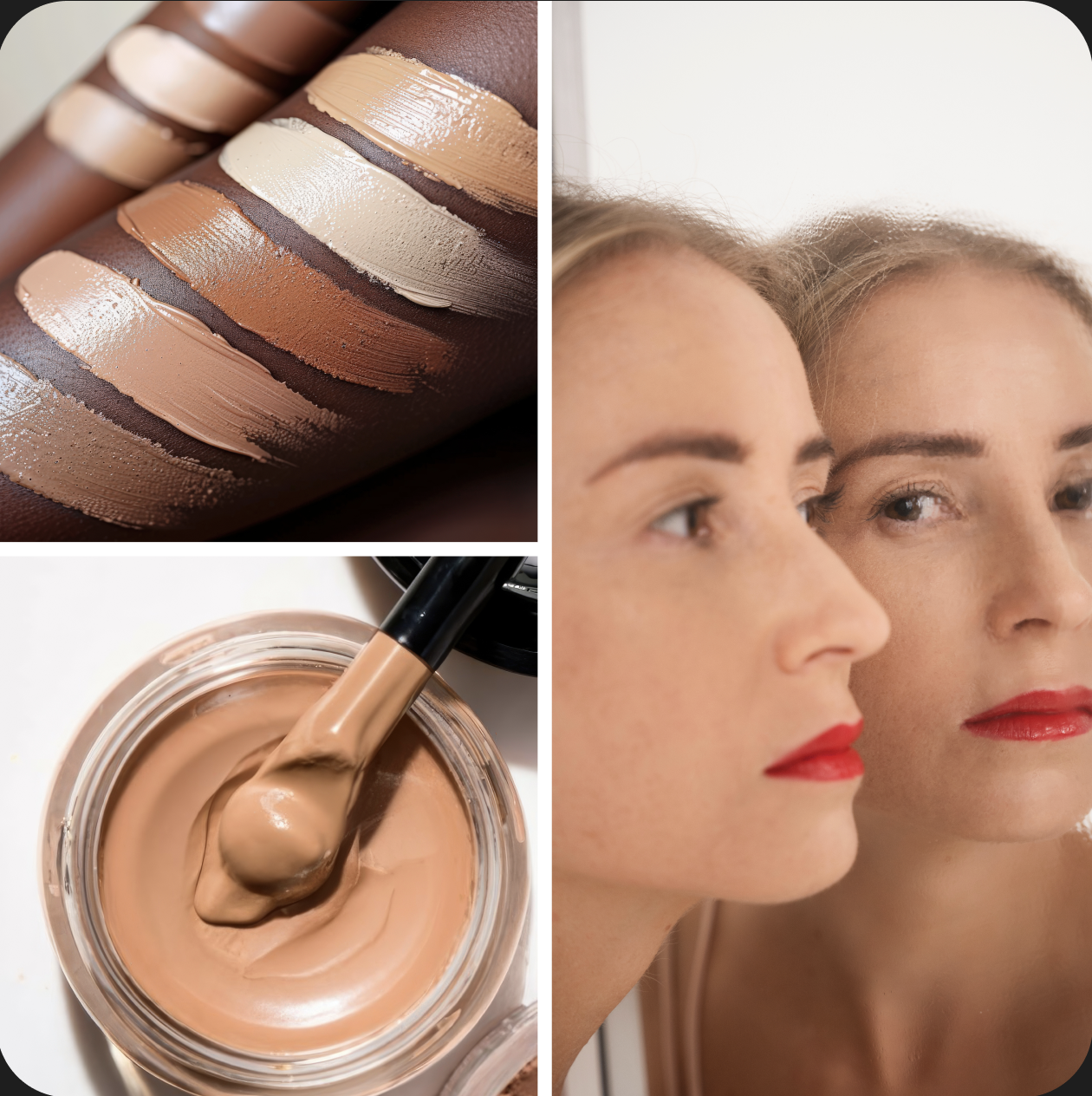 Collage of foundation swatches, a jar of foundation, and a woman looking in a mirror.