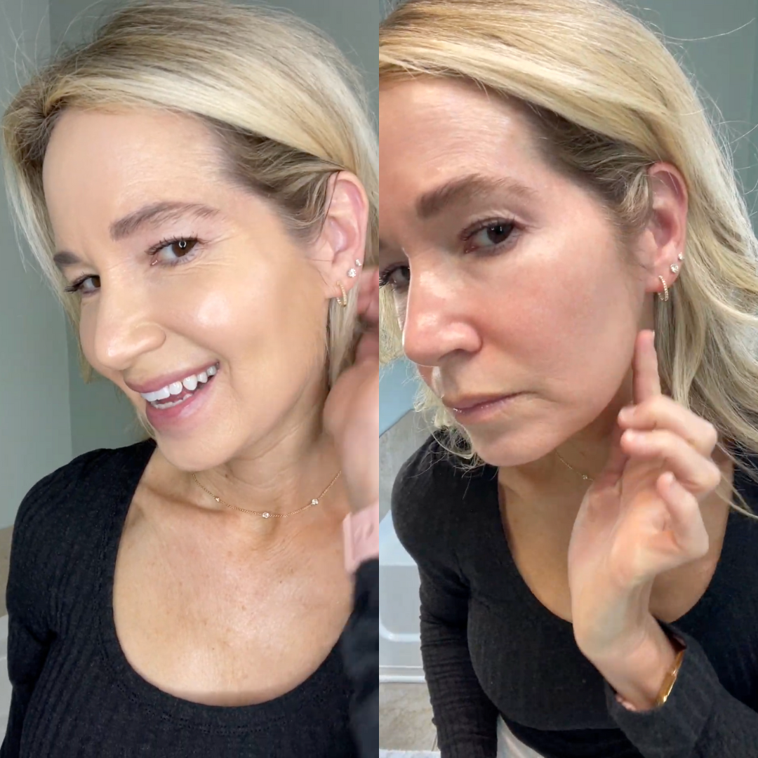 Woman with blonde hair showing earrings in two side-by-side images.