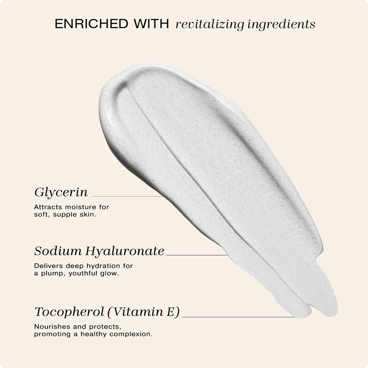 Cream smear with text about glycerin, sodium hyaluronate, and tocopherol benefits.