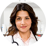 Person in a white coat with a stethoscope, smiling.