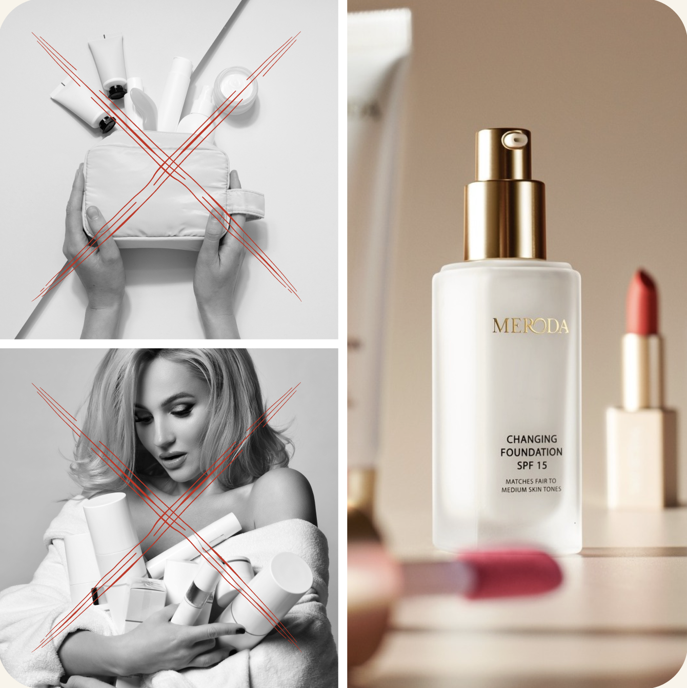Collage of cosmetics with red crosses and a foundation bottle.