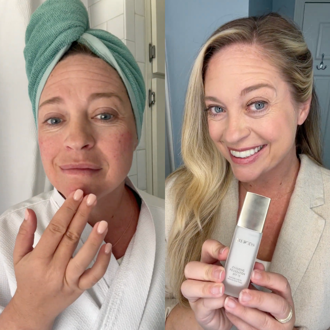 Two images of a woman, one with a towel on her head, the other holding a skincare product.
