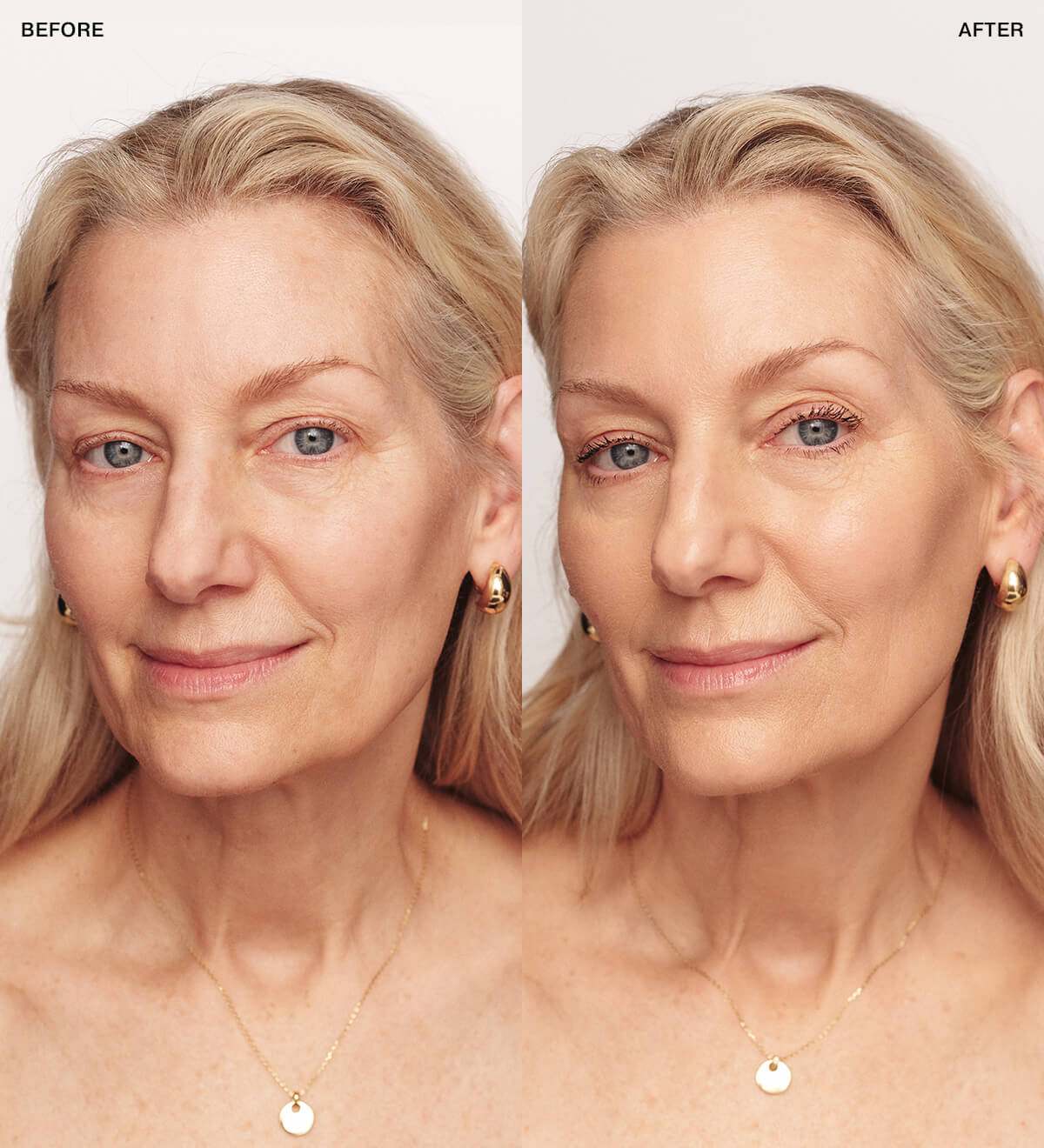 Side-by-side comparison of a woman's face before and after makeup application.