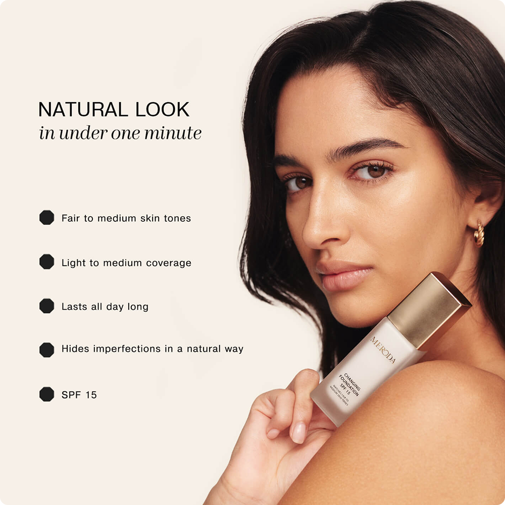 Woman holding a skincare product with text about natural look benefits.