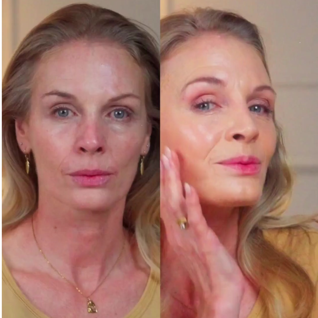 Side-by-side comparison of a woman's face before and after makeup application.