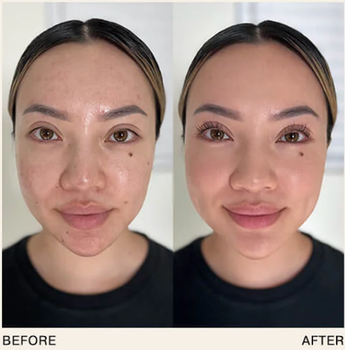 Side-by-side comparison of a woman's face before and after makeup application.