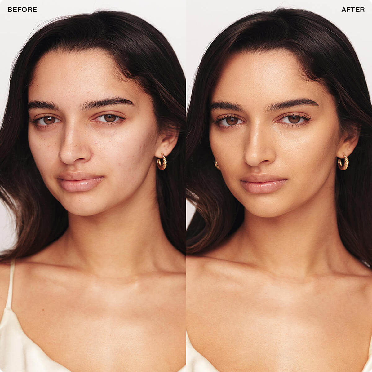 Side-by-side comparison of a woman's face before and after makeup application.