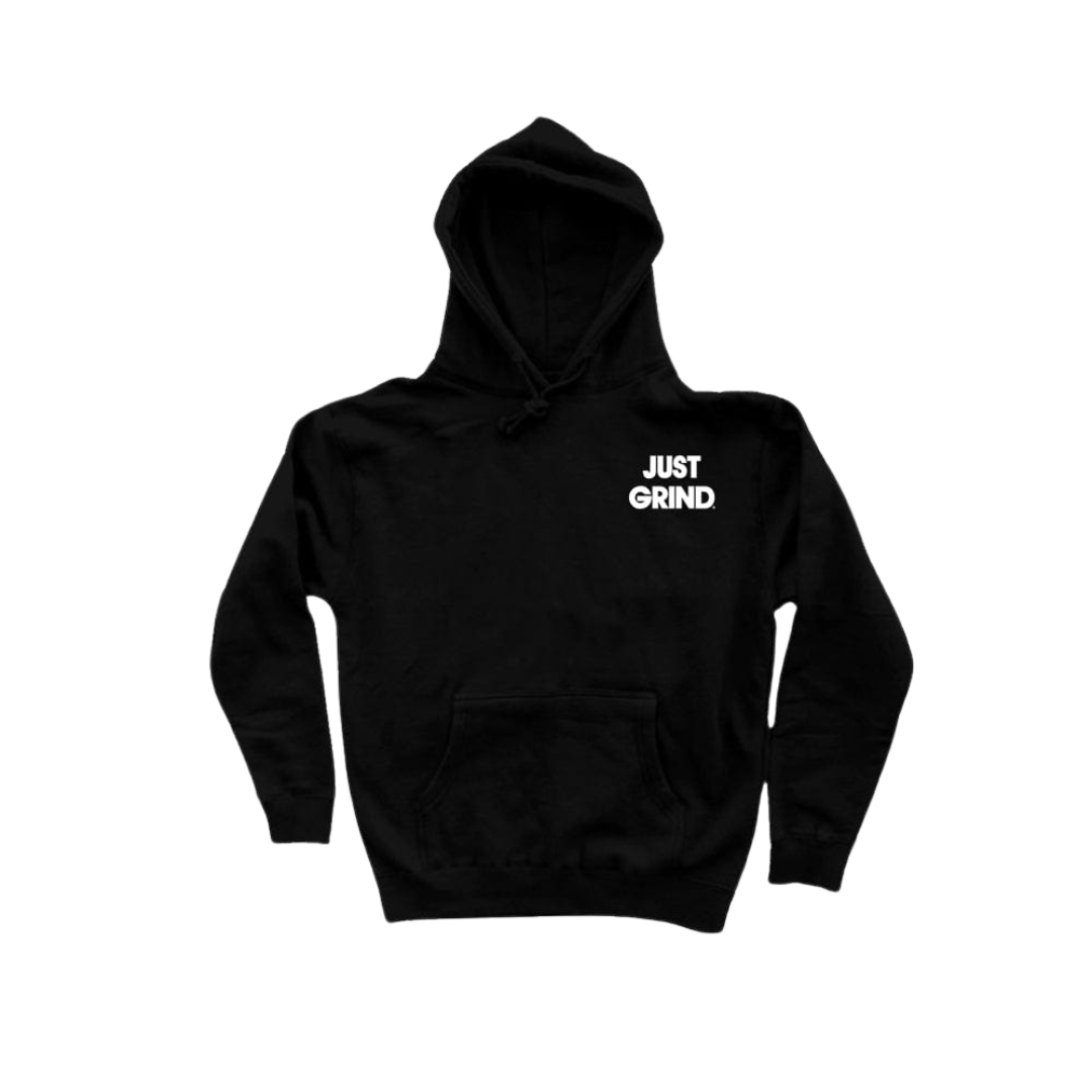 Black hoodie with 'Just Grind' text on the chest.
