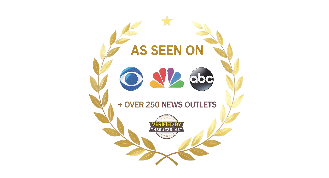 An 'As Seen On' badge with CBS, NBC, and ABC logos surrounded by a golden laurel wreath.