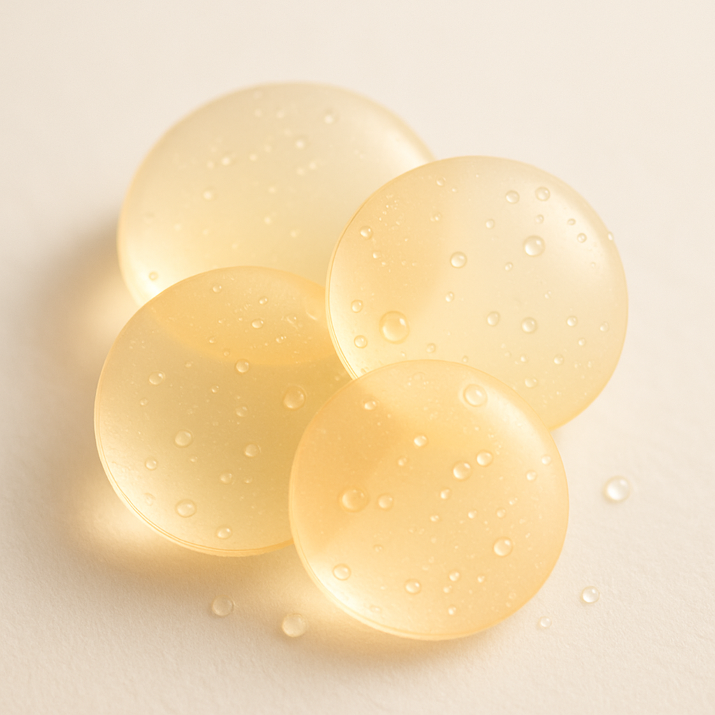 Four translucent, round gel capsules with droplets on a light surface.