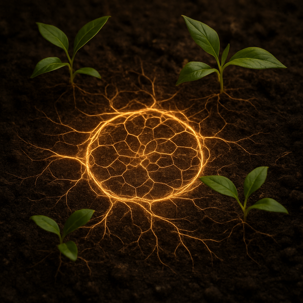 Four seedlings around a glowing pattern in soil.