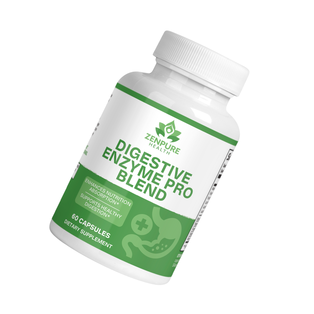 White bottle labeled 'Digestive Enzyme Pro Blend' with green accents.