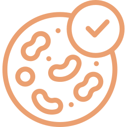 Stylized cookie icon with a check mark, in orange outline.