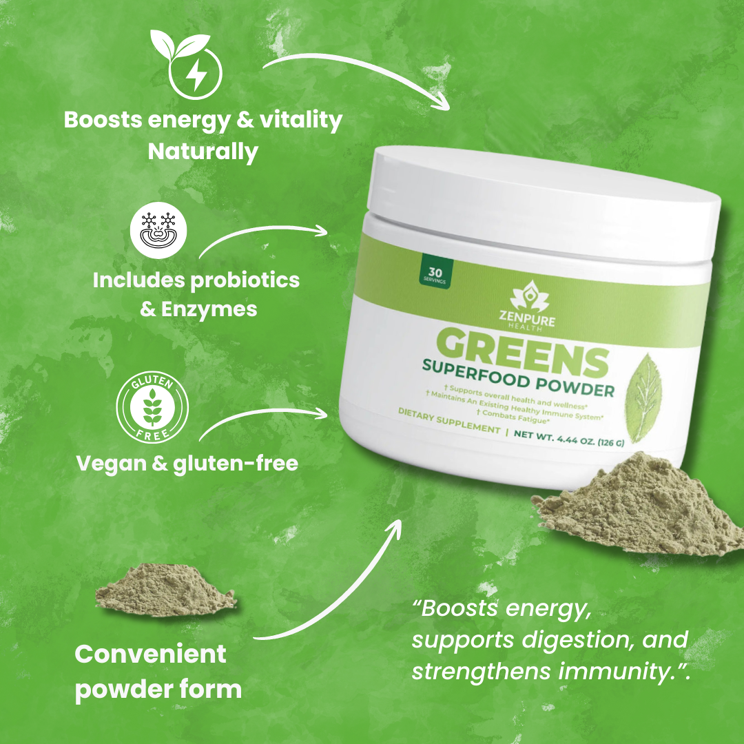 Container of Greens Superfood Powder with benefits listed: energy, probiotics, vegan, gluten-free, powder form.