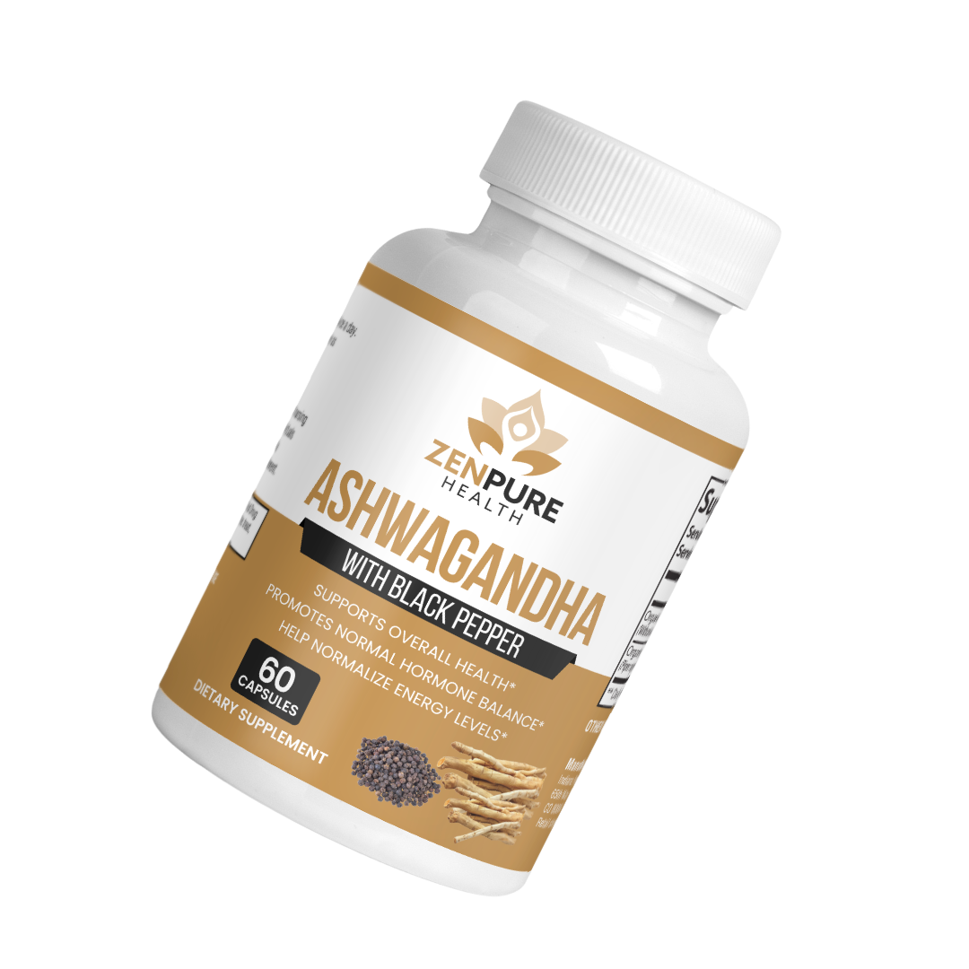 White bottle labeled 'Ashwagandha with Black Pepper' by ZenPure Health.