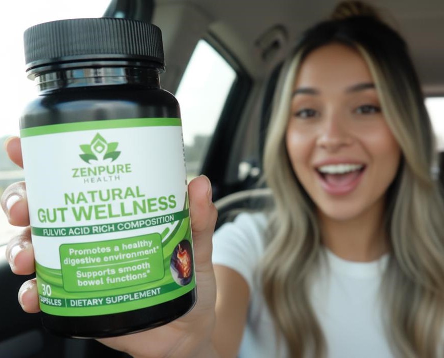 Person holding a bottle of dietary supplement labeled 'Natural Gut Wellness.'