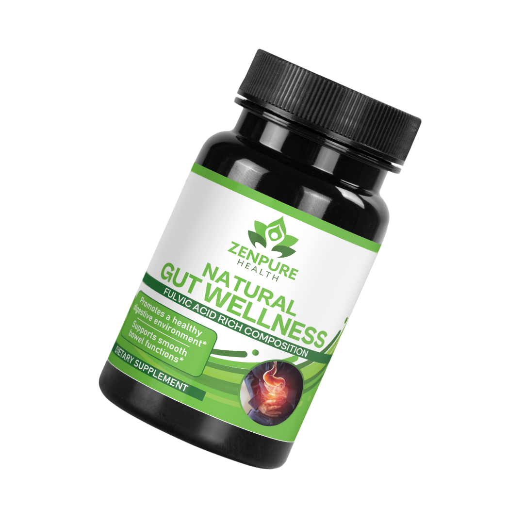 Black bottle labeled 'Natural Gut Wellness' with green accents and digestive system image.