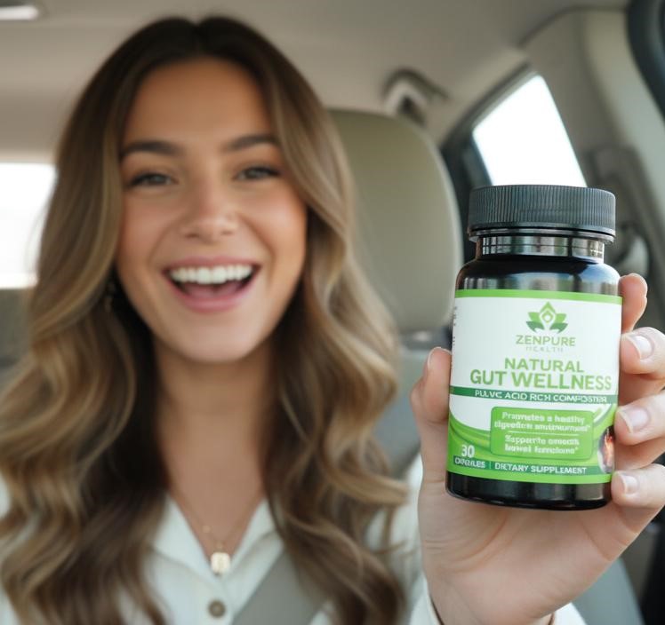 Person holding a bottle of Zenpure Natural Gut Wellness in a car.