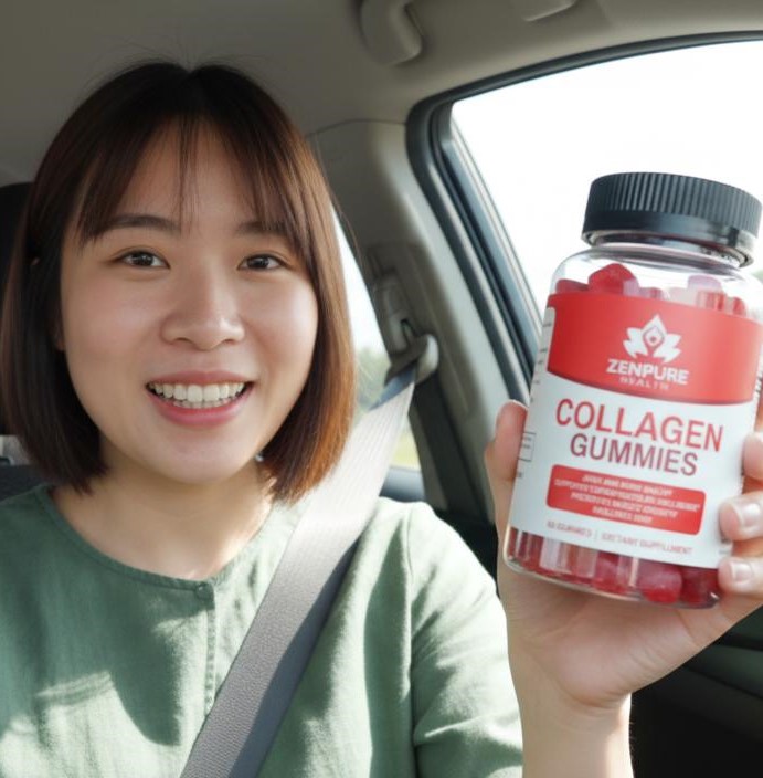 Person in a car holding a bottle of collagen gummies.