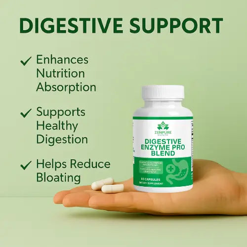 Bottle of digestive supplements on hand, with text about benefits against green background.