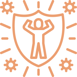 Icon of a person flexing inside a shield with surrounding gears.