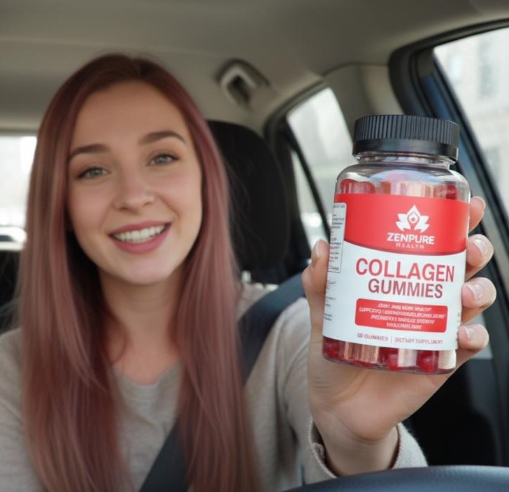 Person in car holding a bottle of collagen gummies.