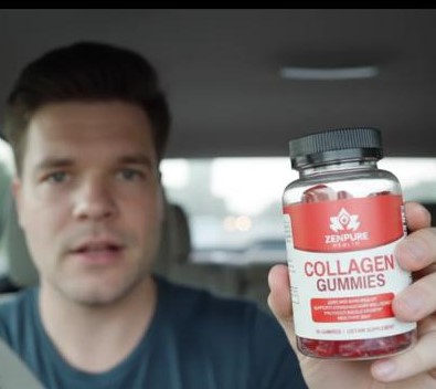 Person holding a bottle of collagen gummies inside a car.