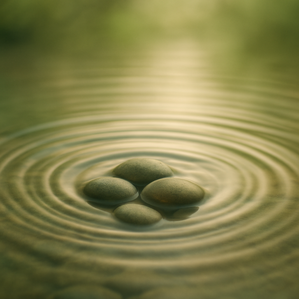 Smooth stones surrounded by concentric ripples in water.