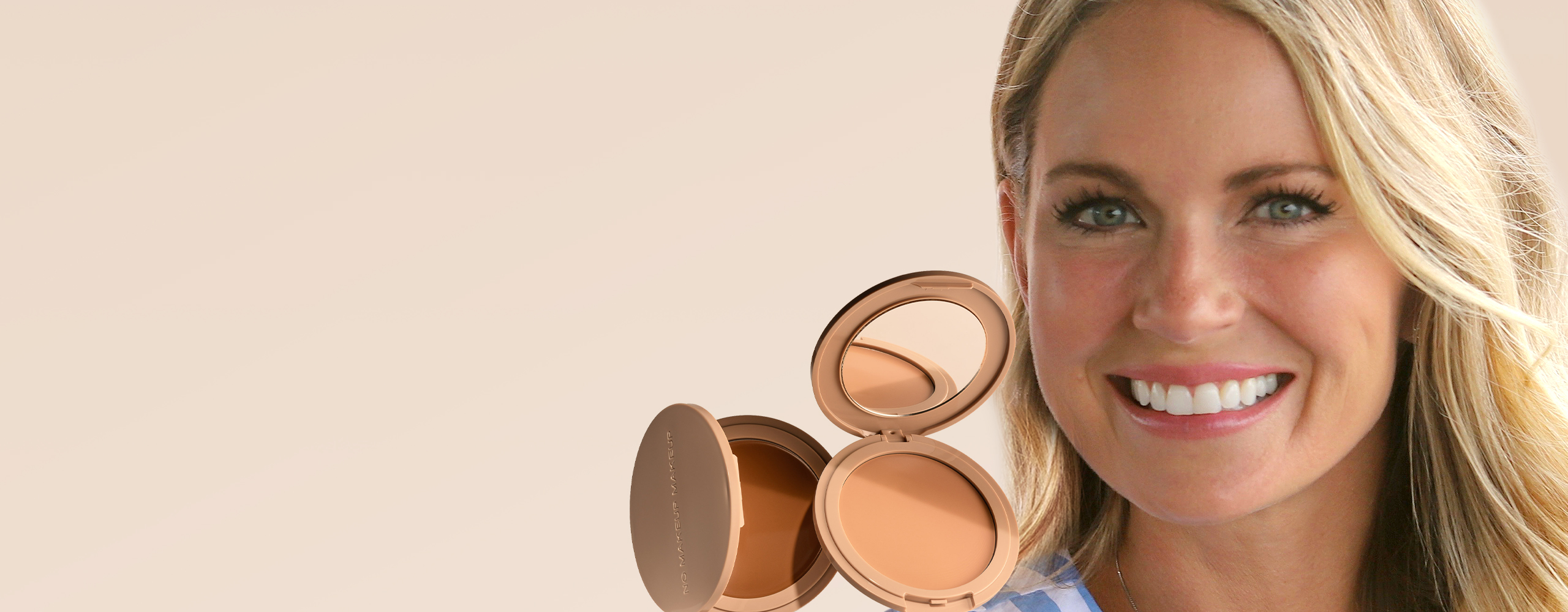 Three makeup compacts and brushes on a beige background.